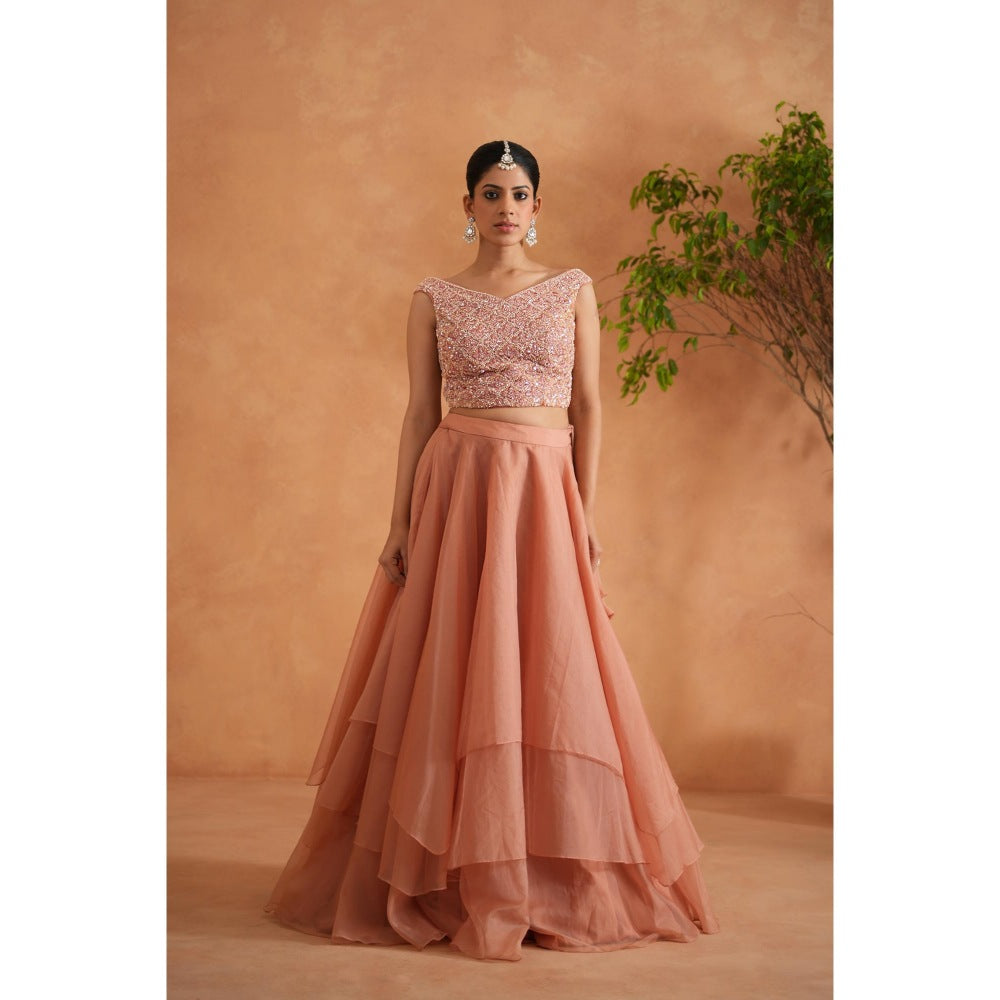 Deepika Chadha Peach Embroidered Blouse with Lehenga and Dupatta (Set of 3)