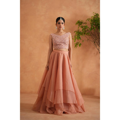 Deepika Chadha Peach Embroidered Blouse with Lehenga and Dupatta (Set of 3)