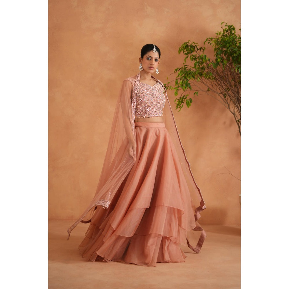 Deepika Chadha Peach Embroidered Blouse with Lehenga and Dupatta (Set of 3)
