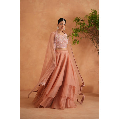 Deepika Chadha Peach Embroidered Blouse with Lehenga and Dupatta (Set of 3)