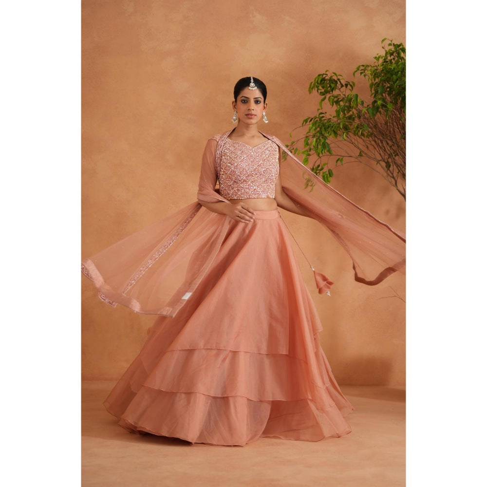 Deepika Chadha Peach Embroidered Blouse with Lehenga and Dupatta (Set of 3)