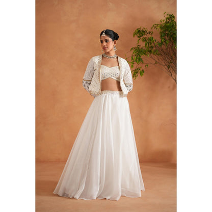 Deepika Chadha Ivory Embroidered Bustier with Lehenga and Short Jacket (Set of 3)