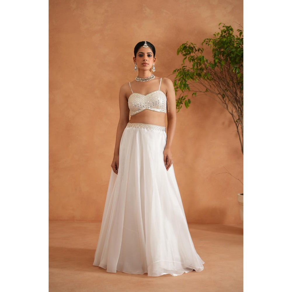 Deepika Chadha Ivory Embroidered Bustier with Lehenga and Short Jacket (Set of 3)