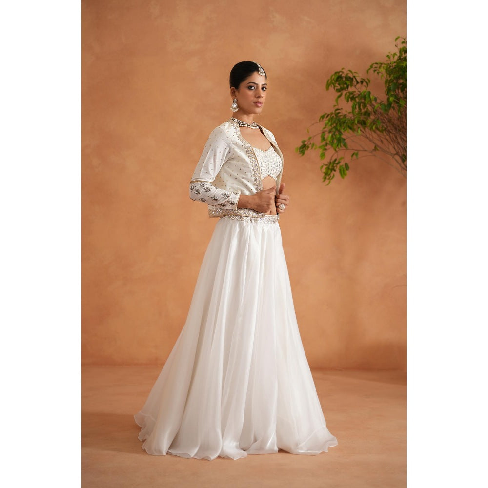 Deepika Chadha Ivory Embroidered Bustier with Lehenga and Short Jacket (Set of 3)