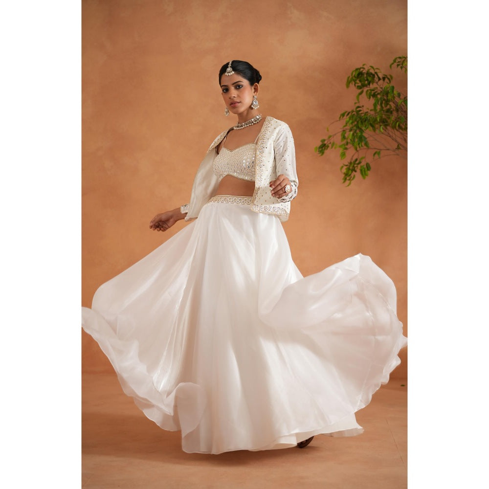 Deepika Chadha Ivory Embroidered Bustier with Lehenga and Short Jacket (Set of 3)