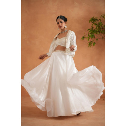 Deepika Chadha Ivory Embroidered Bustier with Lehenga and Short Jacket (Set of 3)