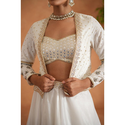 Deepika Chadha Ivory Embroidered Bustier with Lehenga and Short Jacket (Set of 3)