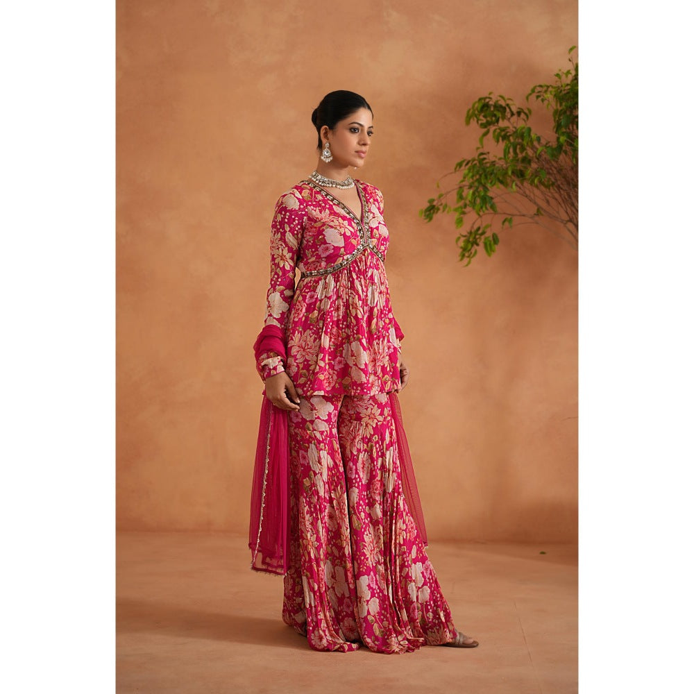 Deepika Chadha Pink Embroidered Peplum Top with Sharara and Dupatta (Set of 3)