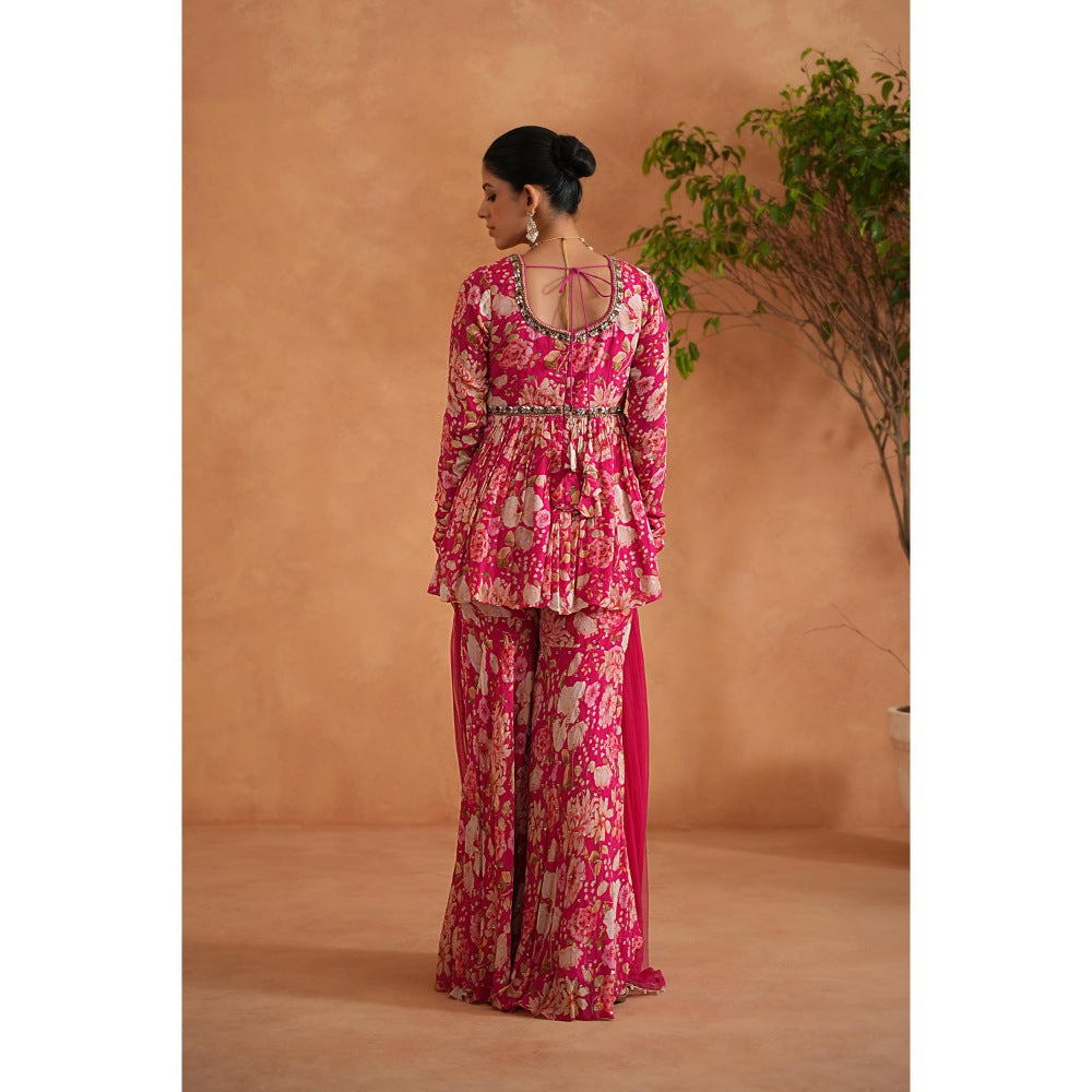 Deepika Chadha Pink Embroidered Peplum Top with Sharara and Dupatta (Set of 3)