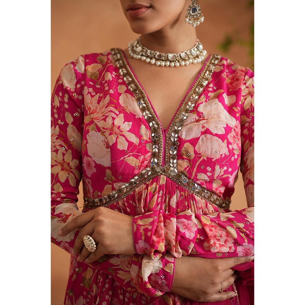 Deepika Chadha Pink Embroidered Peplum Top with Sharara and Dupatta (Set of 3)