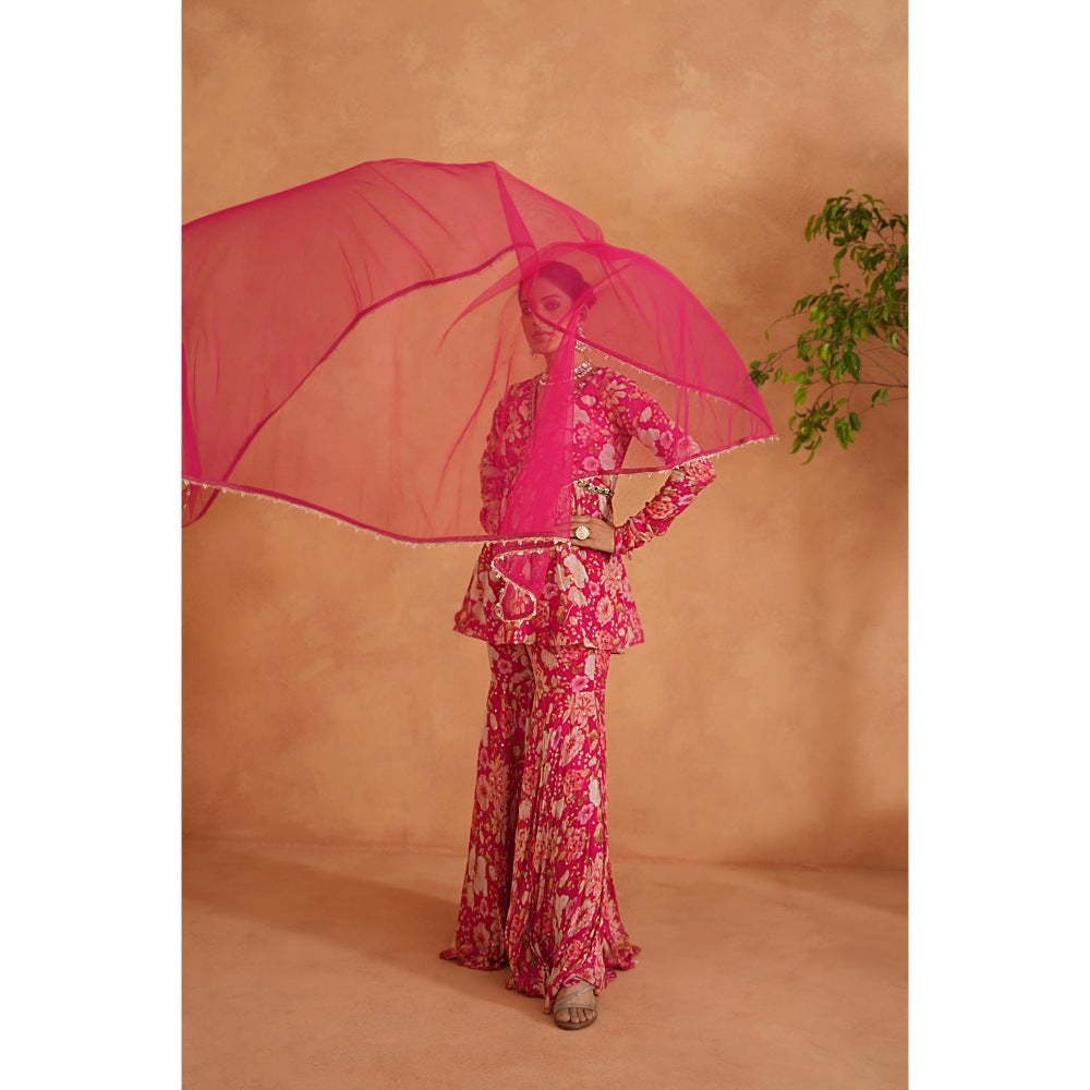 Deepika Chadha Pink Embroidered Peplum Top with Sharara and Dupatta (Set of 3)