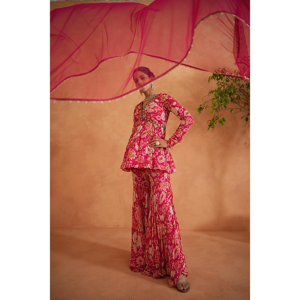 Deepika Chadha Pink Embroidered Peplum Top with Sharara and Dupatta (Set of 3)