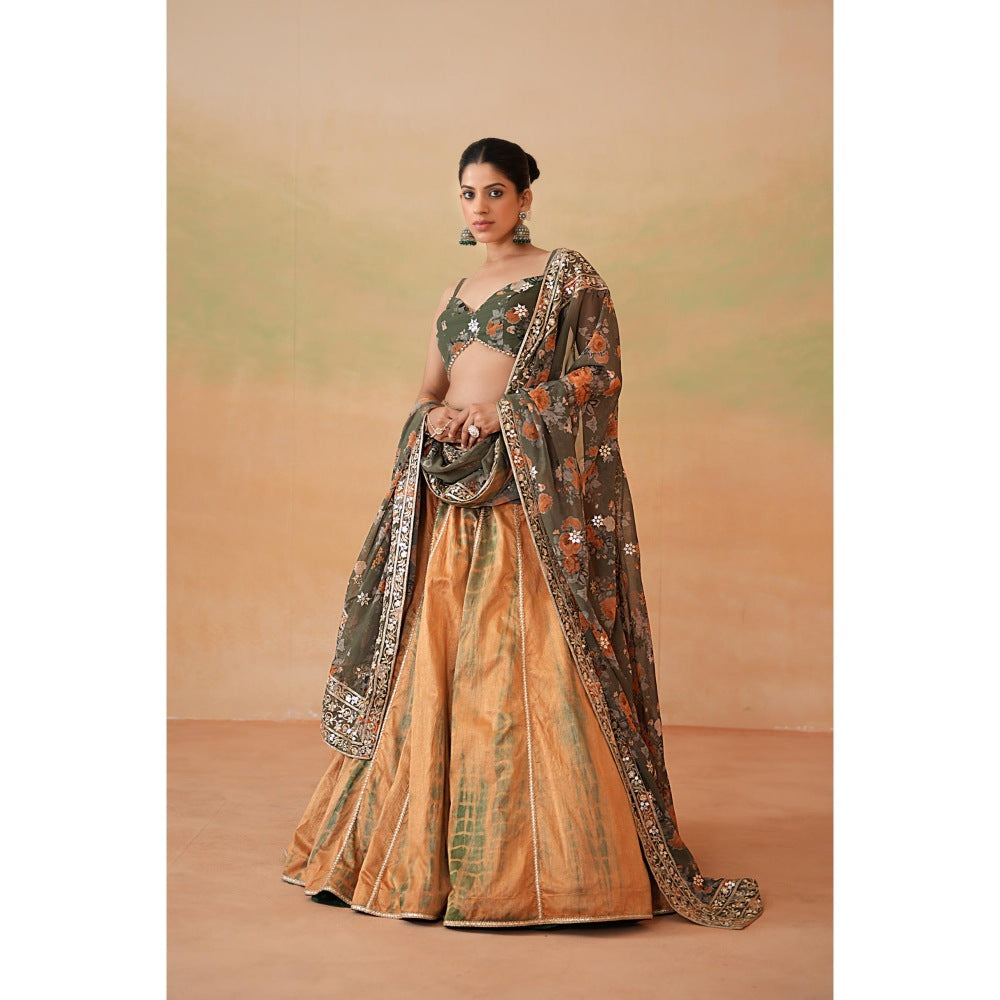Deepika Chadha Olive Green Printed Blouse with Lehenga and Dupatta (Set of 3)