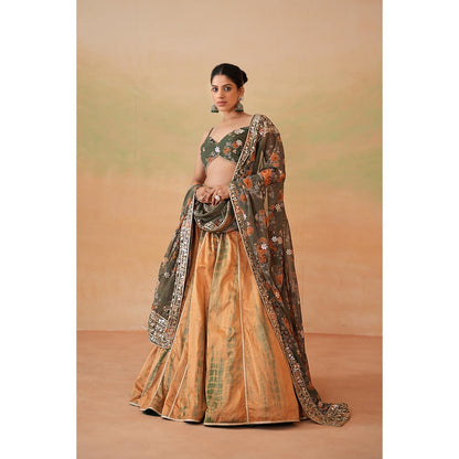 Deepika Chadha Olive Green Printed Blouse with Lehenga and Dupatta (Set of 3)