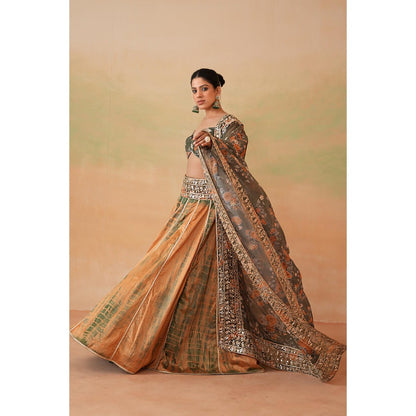 Deepika Chadha Olive Green Printed Blouse with Lehenga and Dupatta (Set of 3)