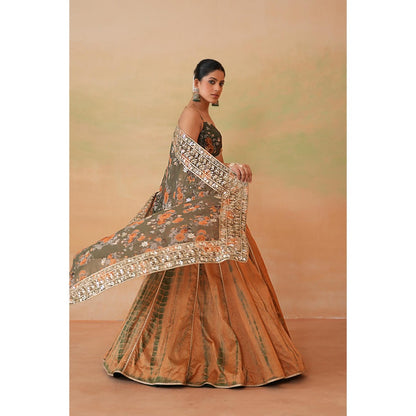 Deepika Chadha Olive Green Printed Blouse with Lehenga and Dupatta (Set of 3)