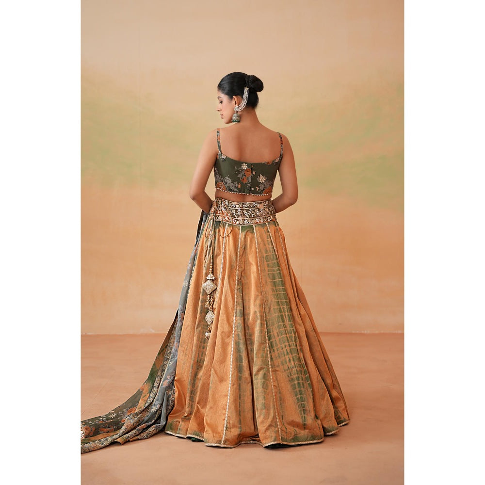 Deepika Chadha Olive Green Printed Blouse with Lehenga and Dupatta (Set of 3)