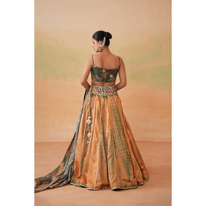 Deepika Chadha Olive Green Printed Blouse with Lehenga and Dupatta (Set of 3)