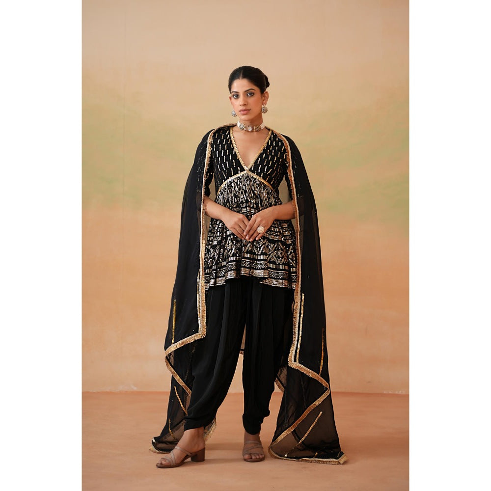 Deepika Chadha Black Embroidery Fabric Peplum Top with Dhoti and Dupatta (Set of 3)