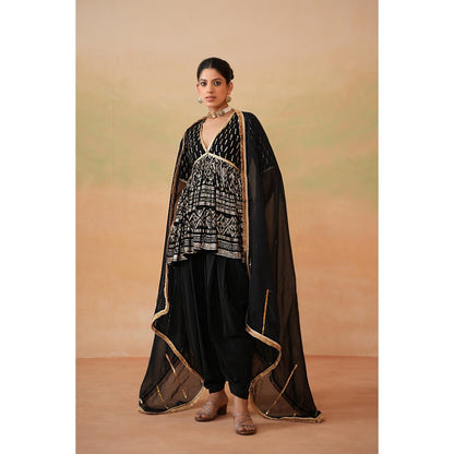 Deepika Chadha Black Embroidery Fabric Peplum Top with Dhoti and Dupatta (Set of 3)