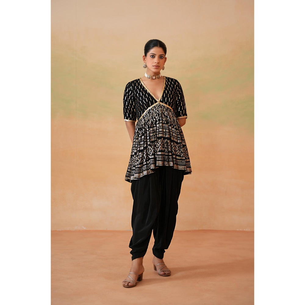 Deepika Chadha Black Embroidery Fabric Peplum Top with Dhoti and Dupatta (Set of 3)