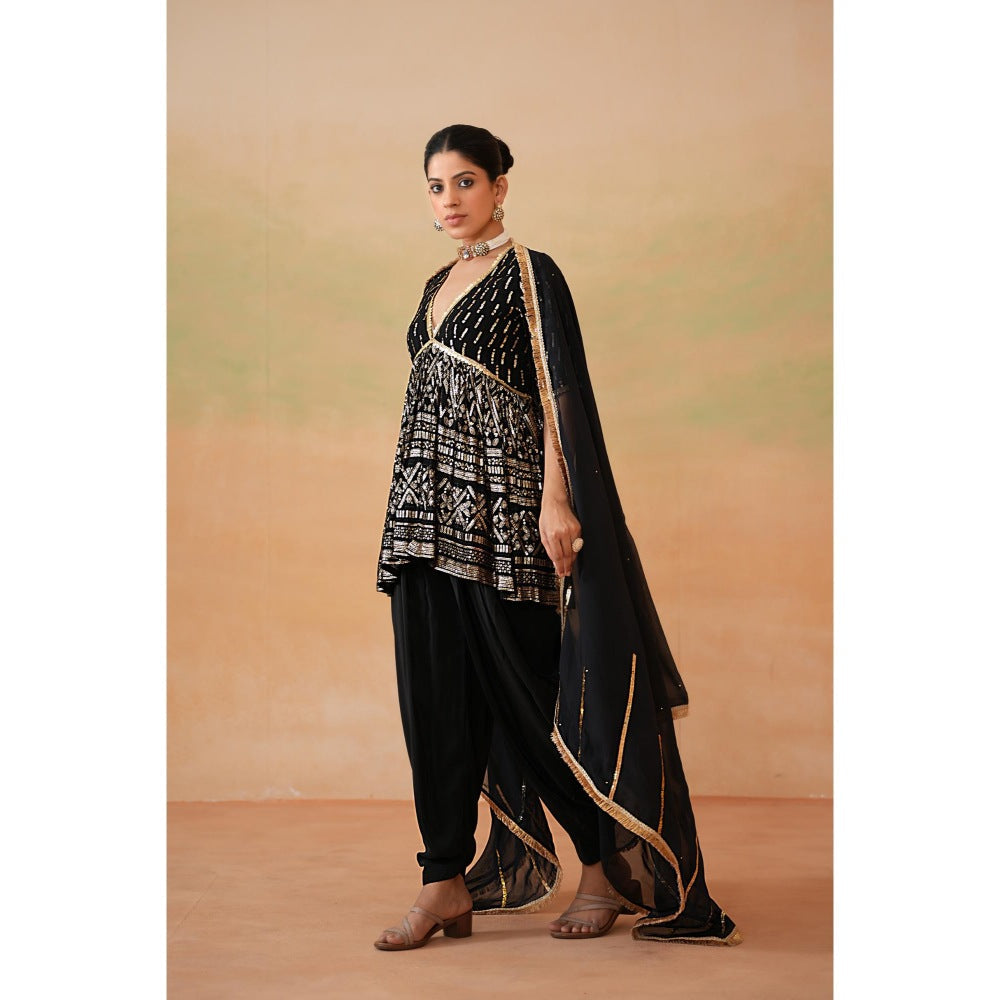 Deepika Chadha Black Embroidery Fabric Peplum Top with Dhoti and Dupatta (Set of 3)