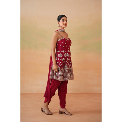Deepika Chadha Maroon Embroidery Peplum Top with Dhoti and Choker Dupatta (Set of 3)