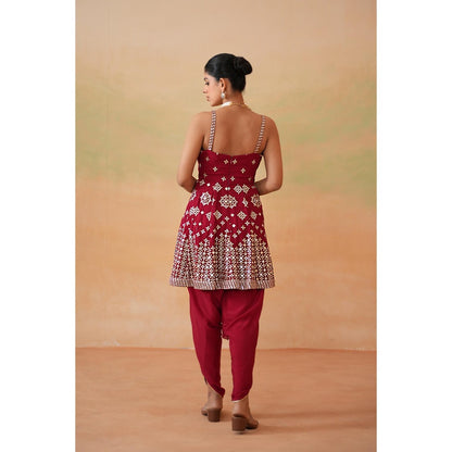 Deepika Chadha Maroon Embroidery Peplum Top with Dhoti and Choker Dupatta (Set of 3)