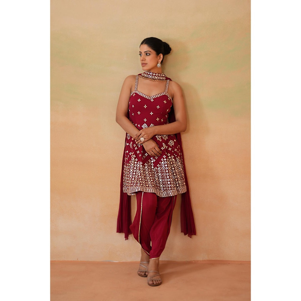 Deepika Chadha Maroon Embroidery Peplum Top with Dhoti and Choker Dupatta (Set of 3)