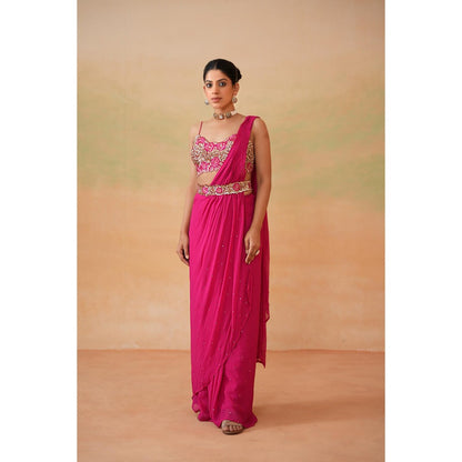 Deepika Chadha Pink Embroidered Pre-Drape Saree with Stitched Blouse and Belt