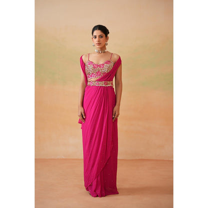 Deepika Chadha Pink Embroidered Pre-Drape Saree with Stitched Blouse and Belt