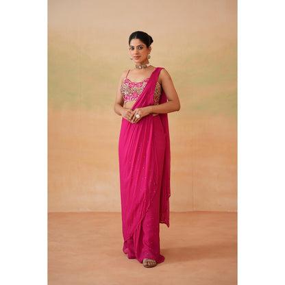 Deepika Chadha Pink Embroidered Pre-Drape Saree with Stitched Blouse and Belt