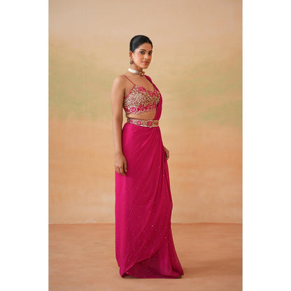 Deepika Chadha Pink Embroidered Pre-Drape Saree with Stitched Blouse and Belt
