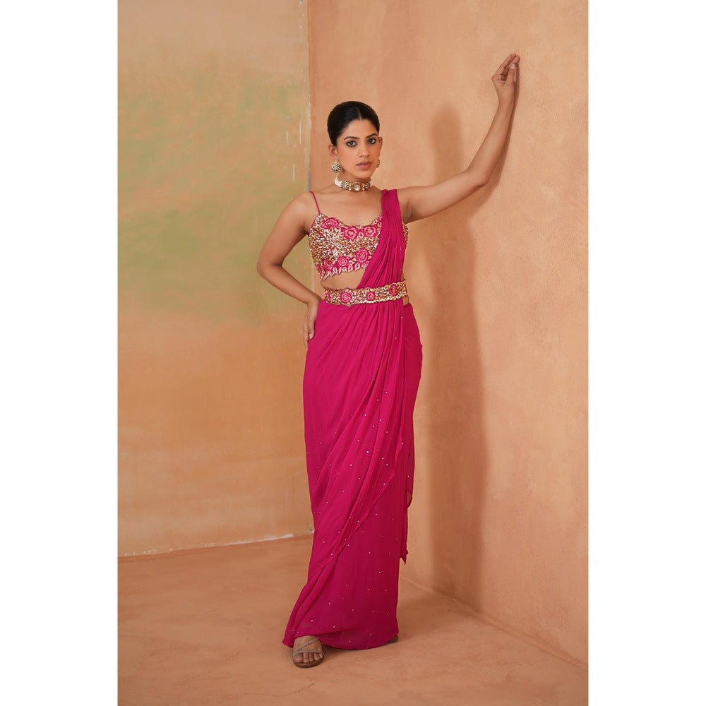 Deepika Chadha Pink Embroidered Pre-Drape Saree with Stitched Blouse and Belt