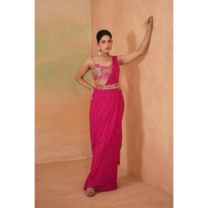 Deepika Chadha Pink Embroidered Pre-Drape Saree with Stitched Blouse and Belt
