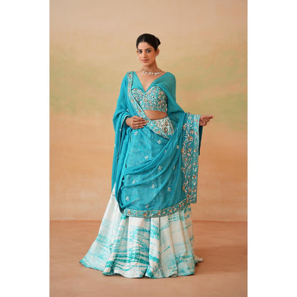 Deepika Chadha Sky Blue Embroidered Blouse with Lehenga and Dupatta (Set of 3)
