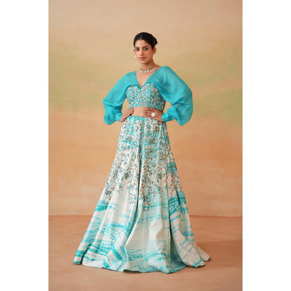 Deepika Chadha Sky Blue Embroidered Blouse with Lehenga and Dupatta (Set of 3)