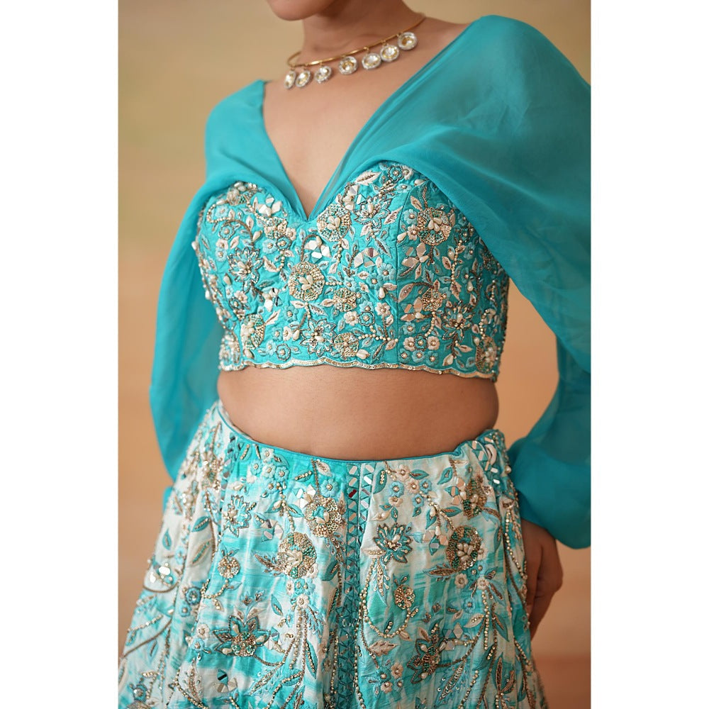 Deepika Chadha Sky Blue Embroidered Blouse with Lehenga and Dupatta (Set of 3)
