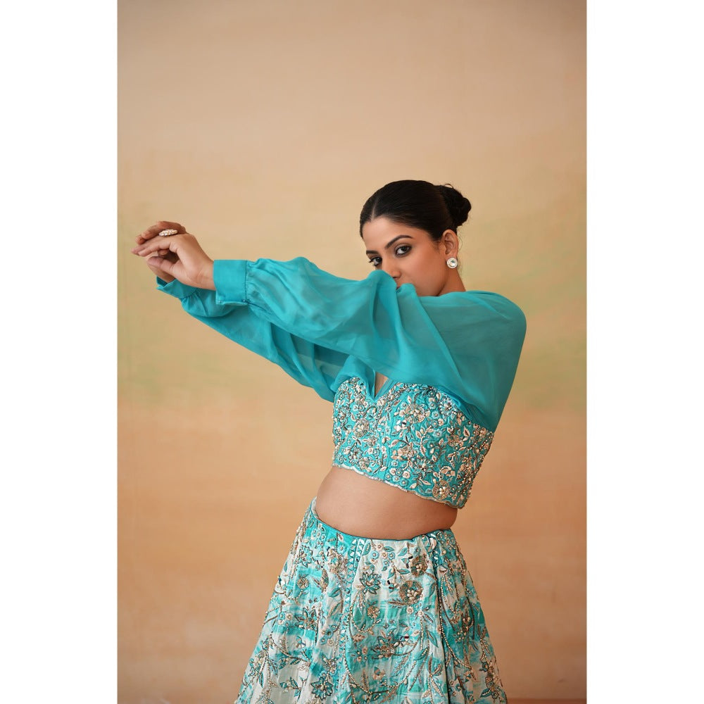 Deepika Chadha Sky Blue Embroidered Blouse with Lehenga and Dupatta (Set of 3)