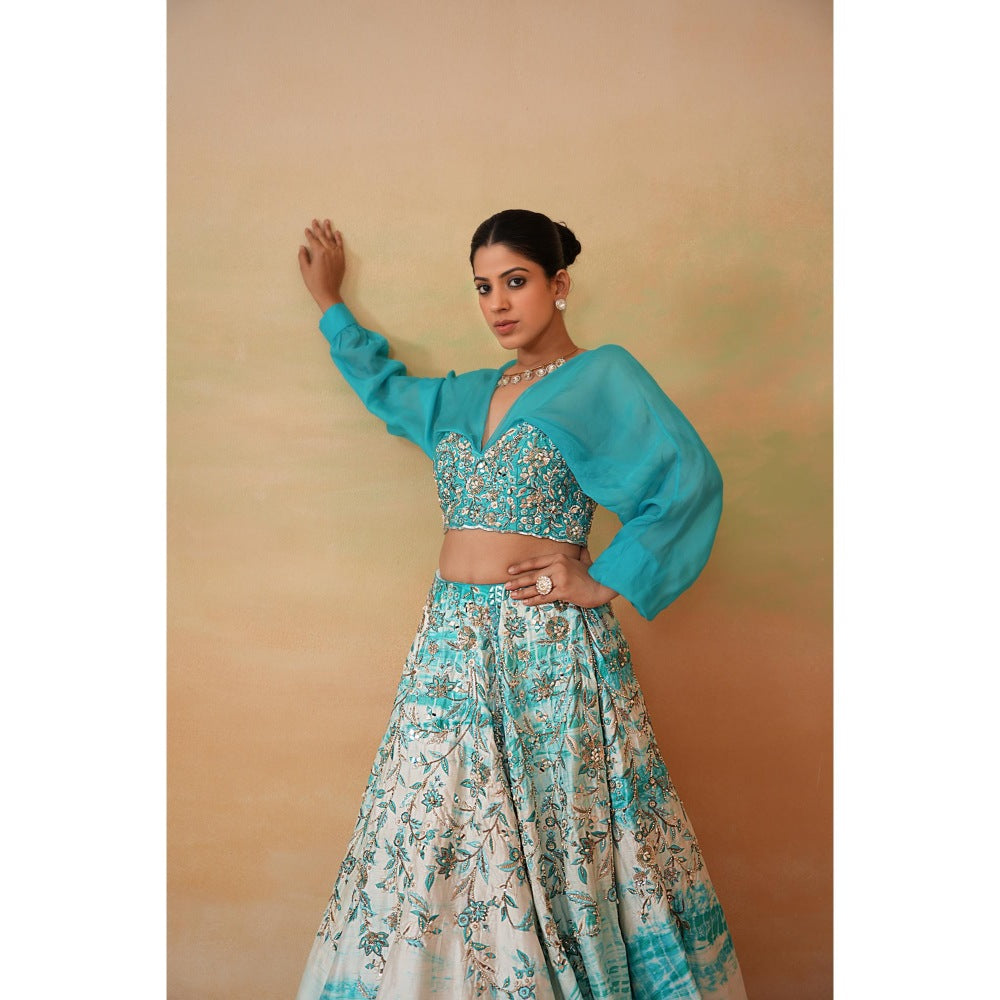 Deepika Chadha Sky Blue Embroidered Blouse with Lehenga and Dupatta (Set of 3)