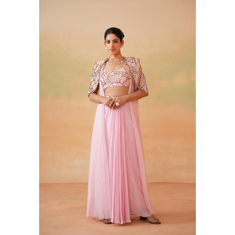 Deepika Chadha Light Pink Embroidery Blouse with Drape Skirt and Cape (Set of 3)