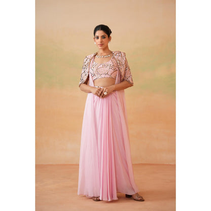 Deepika Chadha Light Pink Embroidery Blouse with Drape Skirt and Cape (Set of 3)