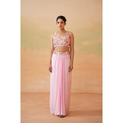 Deepika Chadha Light Pink Embroidery Blouse with Drape Skirt and Cape (Set of 3)