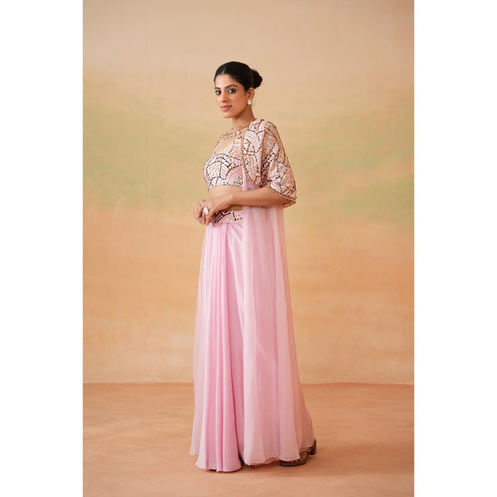 Deepika Chadha Light Pink Embroidery Blouse with Drape Skirt and Cape (Set of 3)