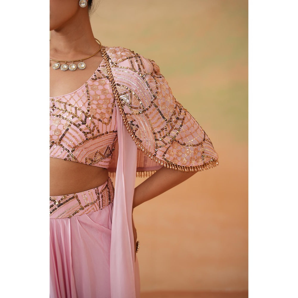 Deepika Chadha Light Pink Embroidery Blouse with Drape Skirt and Cape (Set of 3)