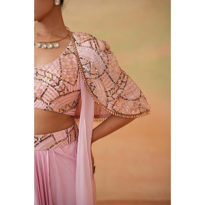 Deepika Chadha Light Pink Embroidery Blouse with Drape Skirt and Cape (Set of 3)