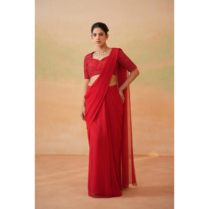 Deepika Chadha Red Embroidered Pre-Draped Saree with Stitched Blouse