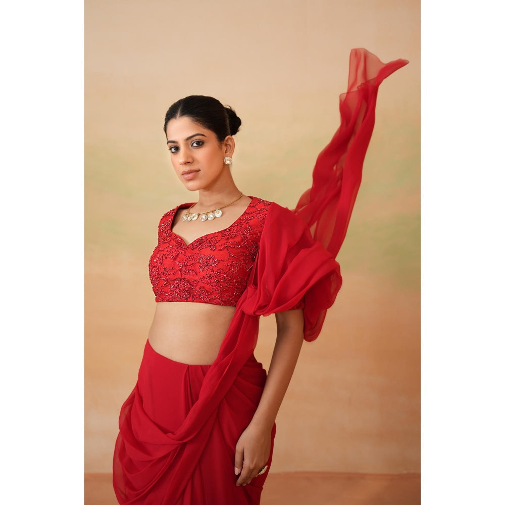 Deepika Chadha Red Embroidered Pre-Draped Saree with Stitched Blouse