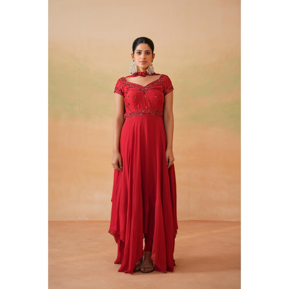 Deepika Chadha Red Embroidered Anarkali with Churidar and Choker Dupatta (Set of 3)