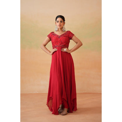 Deepika Chadha Red Embroidered Anarkali with Churidar and Choker Dupatta (Set of 3)